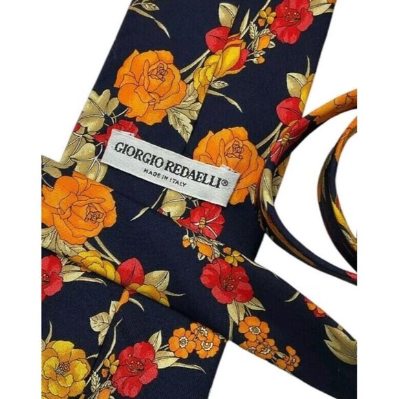 GIORGIO REDAELLI Men's 100% Silk Necktie LUXURY Tie XL Navy Floral W:3.8" EUC - Picture 2 of 4